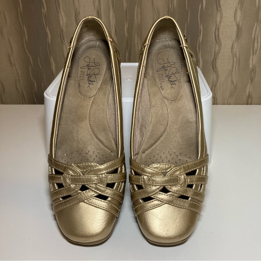 Life Stride Women's 6.5 Slip On Ballet Flats Gold Faux Leather Diverse Cut Out
